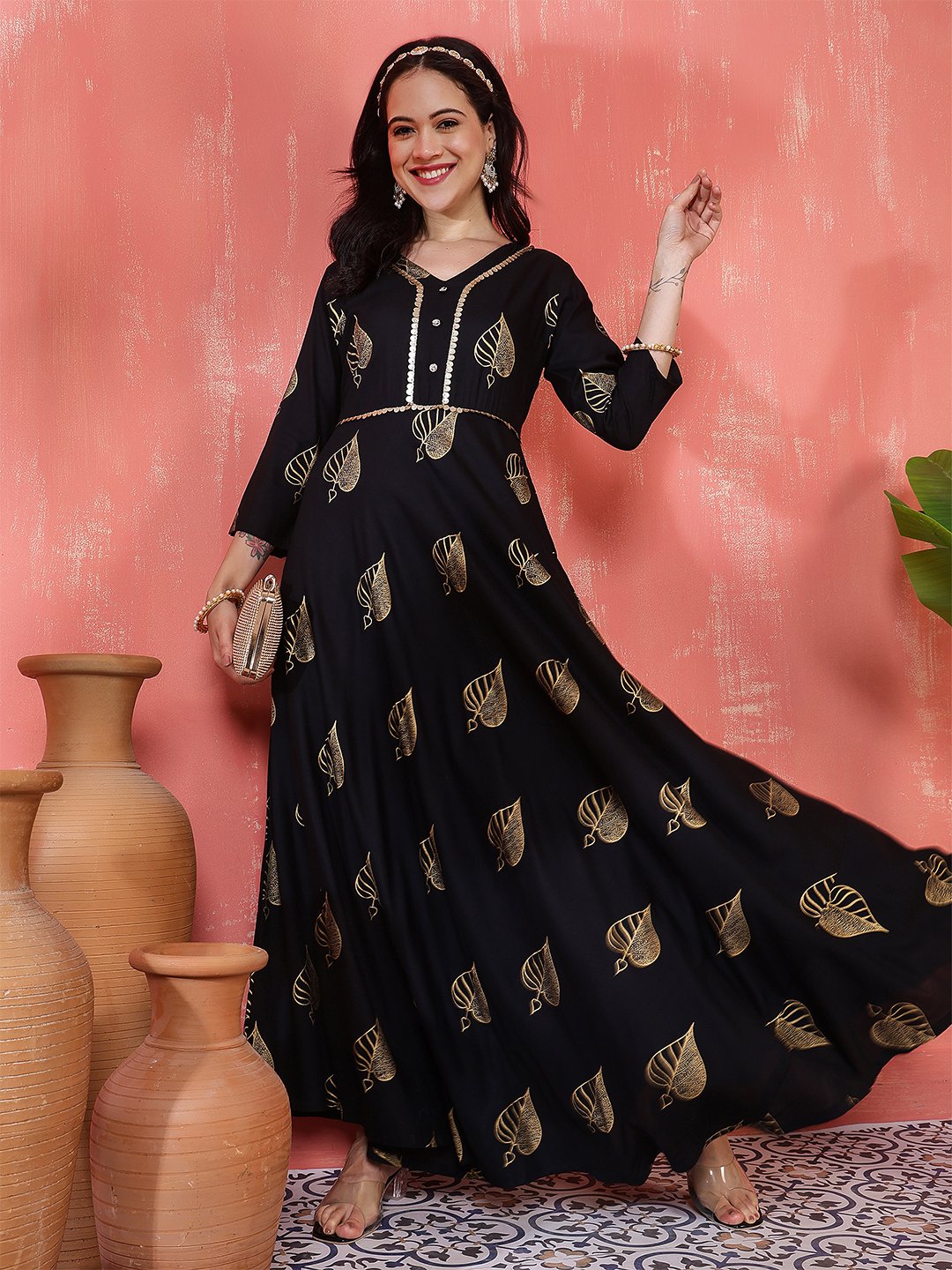 striking black and gold foil print maxi dress/gown with leaf motifs