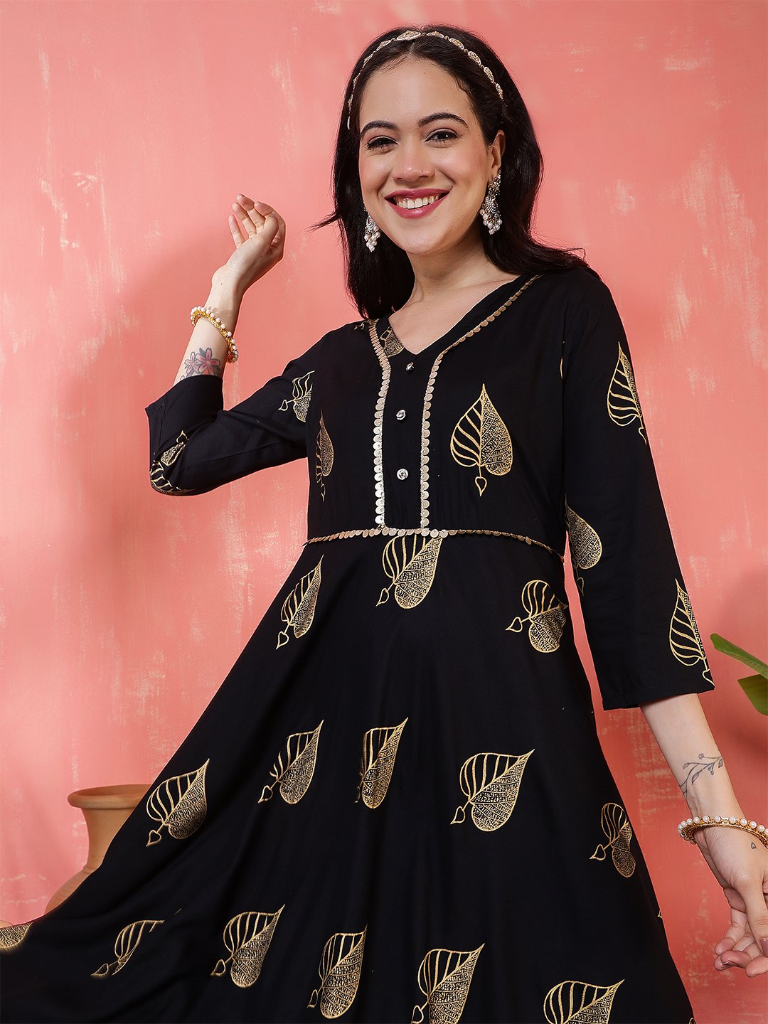 striking black and gold foil print maxi dress/gown with leaf motifs