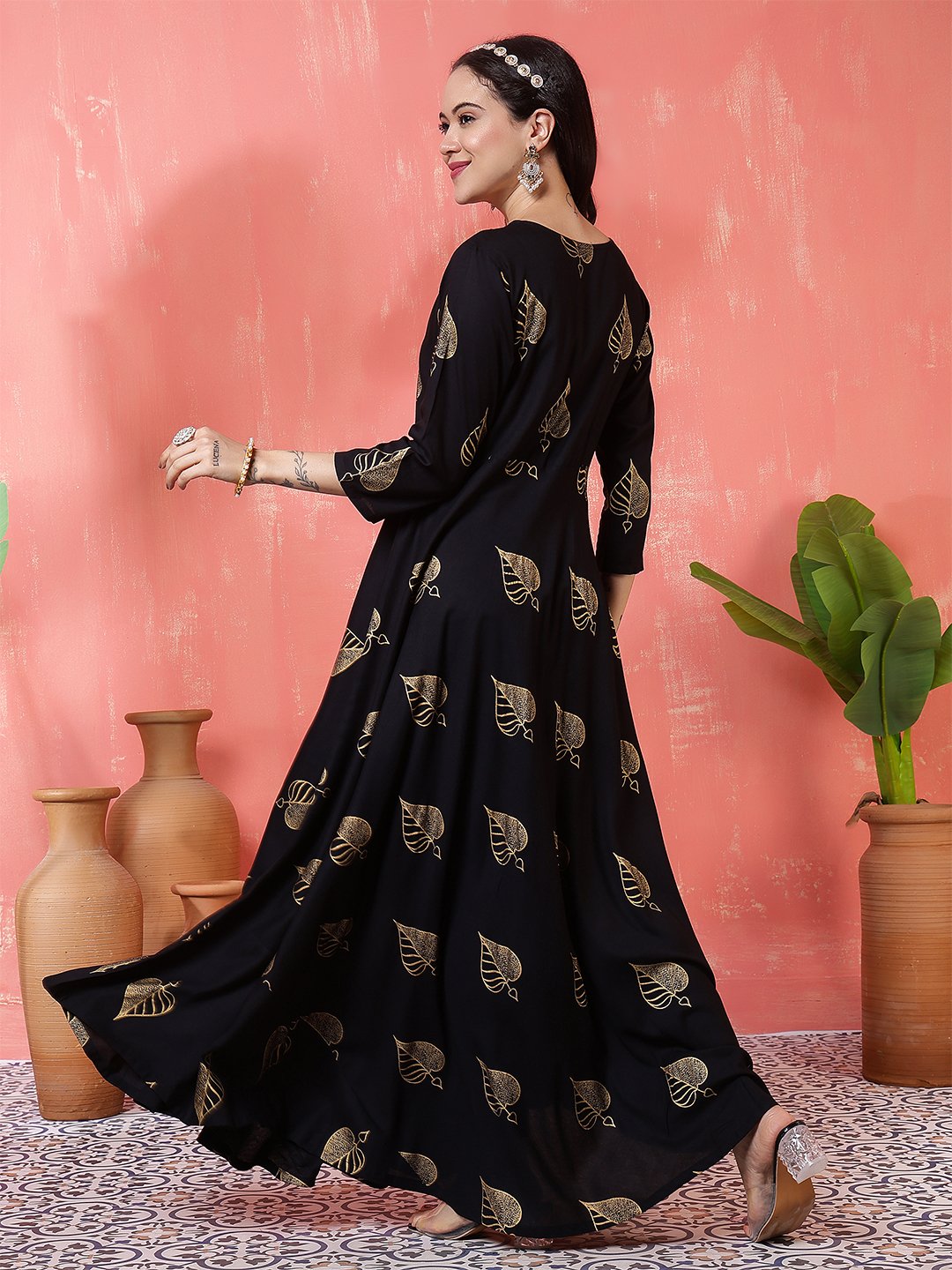 striking black and gold foil print maxi dress/gown with leaf motifs