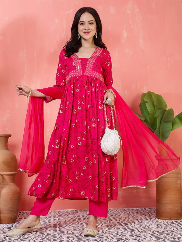 vibrant-fuchsia-pink-and-gold-foil-print-anarkali-suit-set