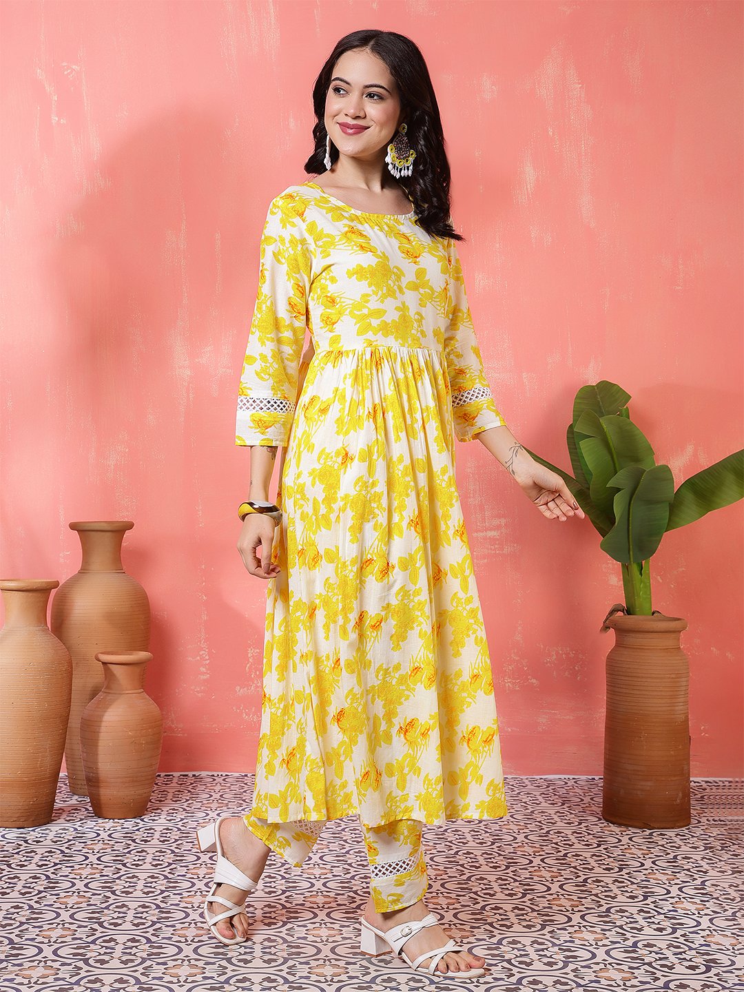 cheerful white and yellow floral print anarkali suit set