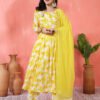 cheerful white and yellow floral print anarkali suit set