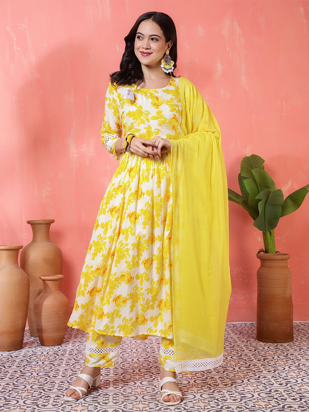 cheerful white and yellow floral print anarkali suit set