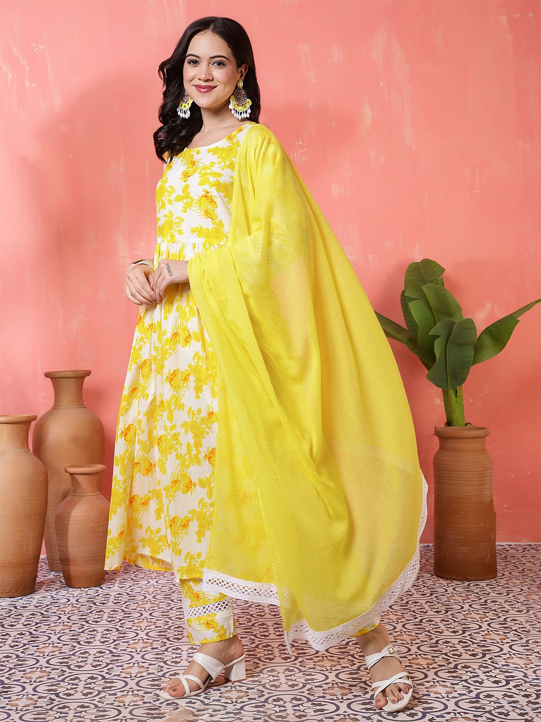 cheerful white and yellow floral print anarkali suit set
