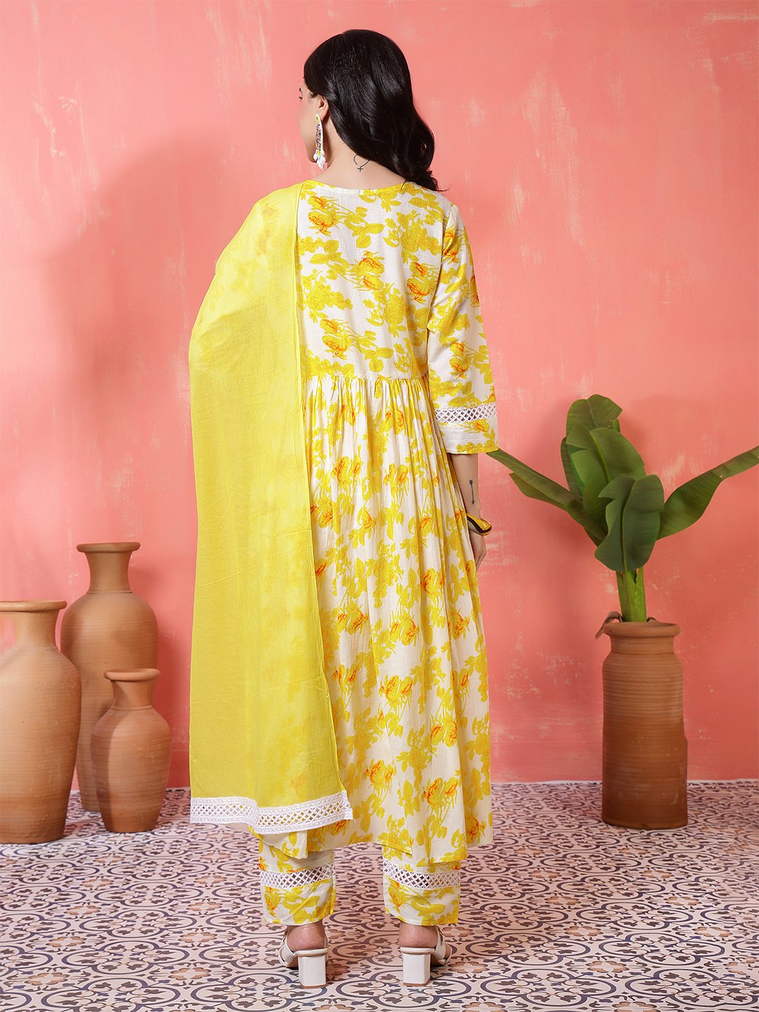 cheerful white and yellow floral print anarkali suit set