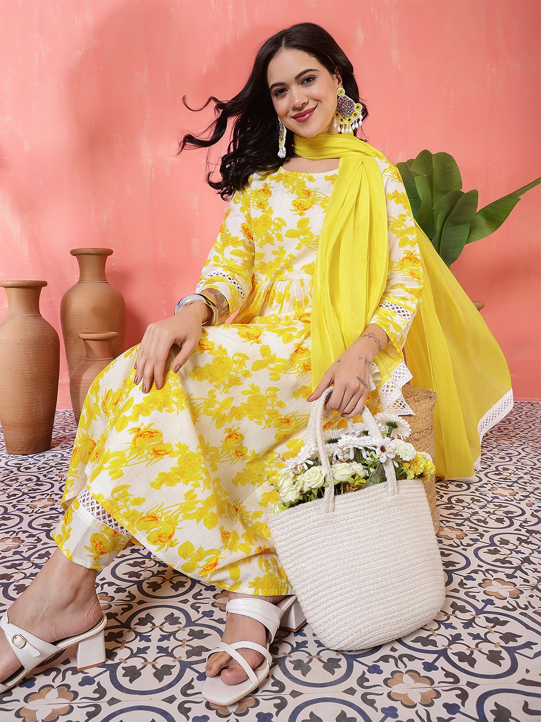 cheerful white and yellow floral print anarkali suit set