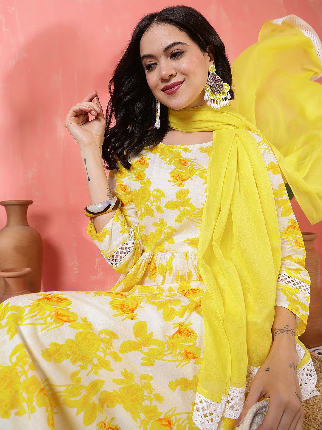 cheerful white and yellow floral print anarkali suit set