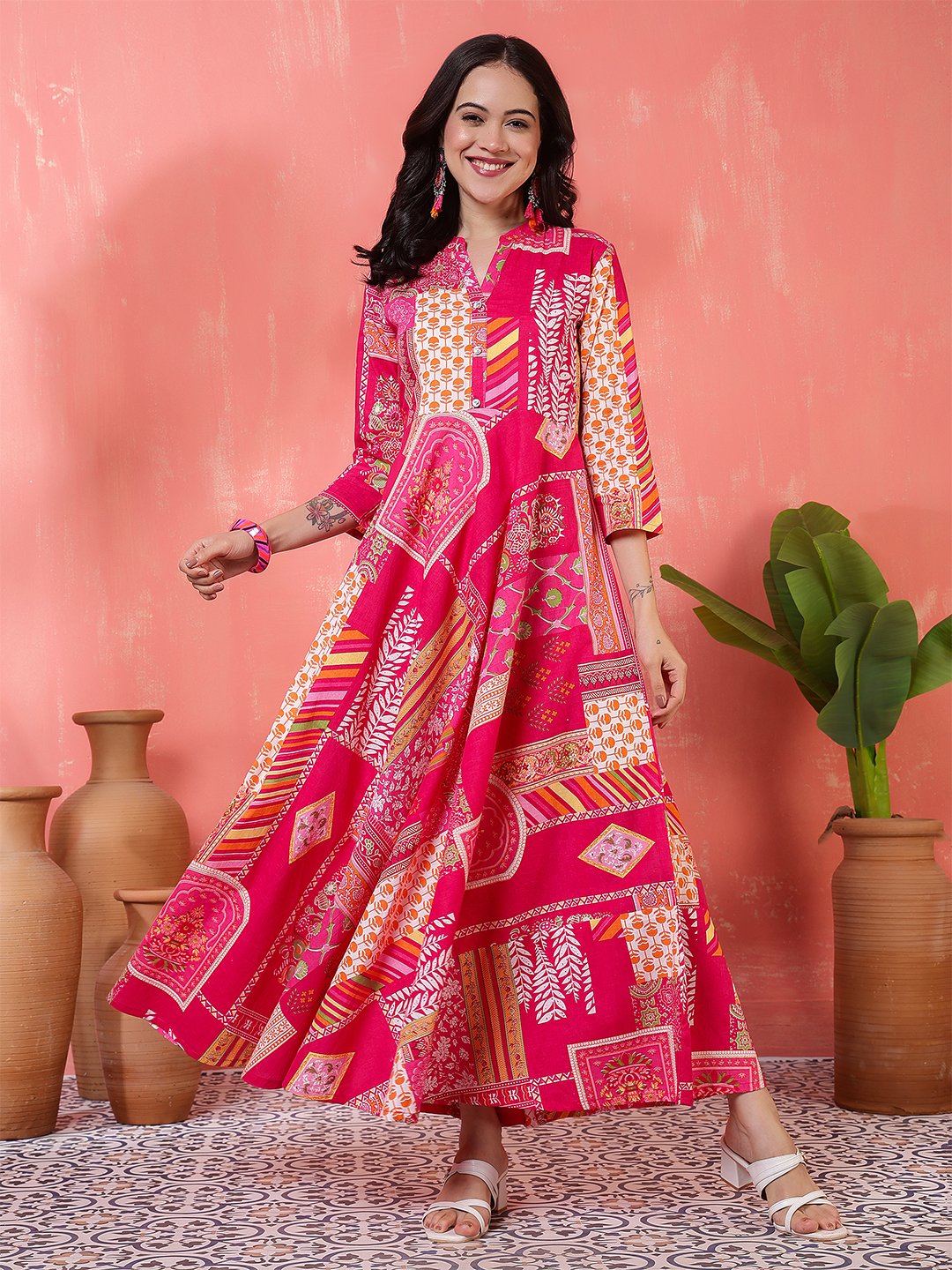 vibrant fuchsia pink and orange geometric patchwork print maxi dress