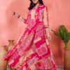 vibrant fuchsia pink and orange geometric patchwork print maxi dress