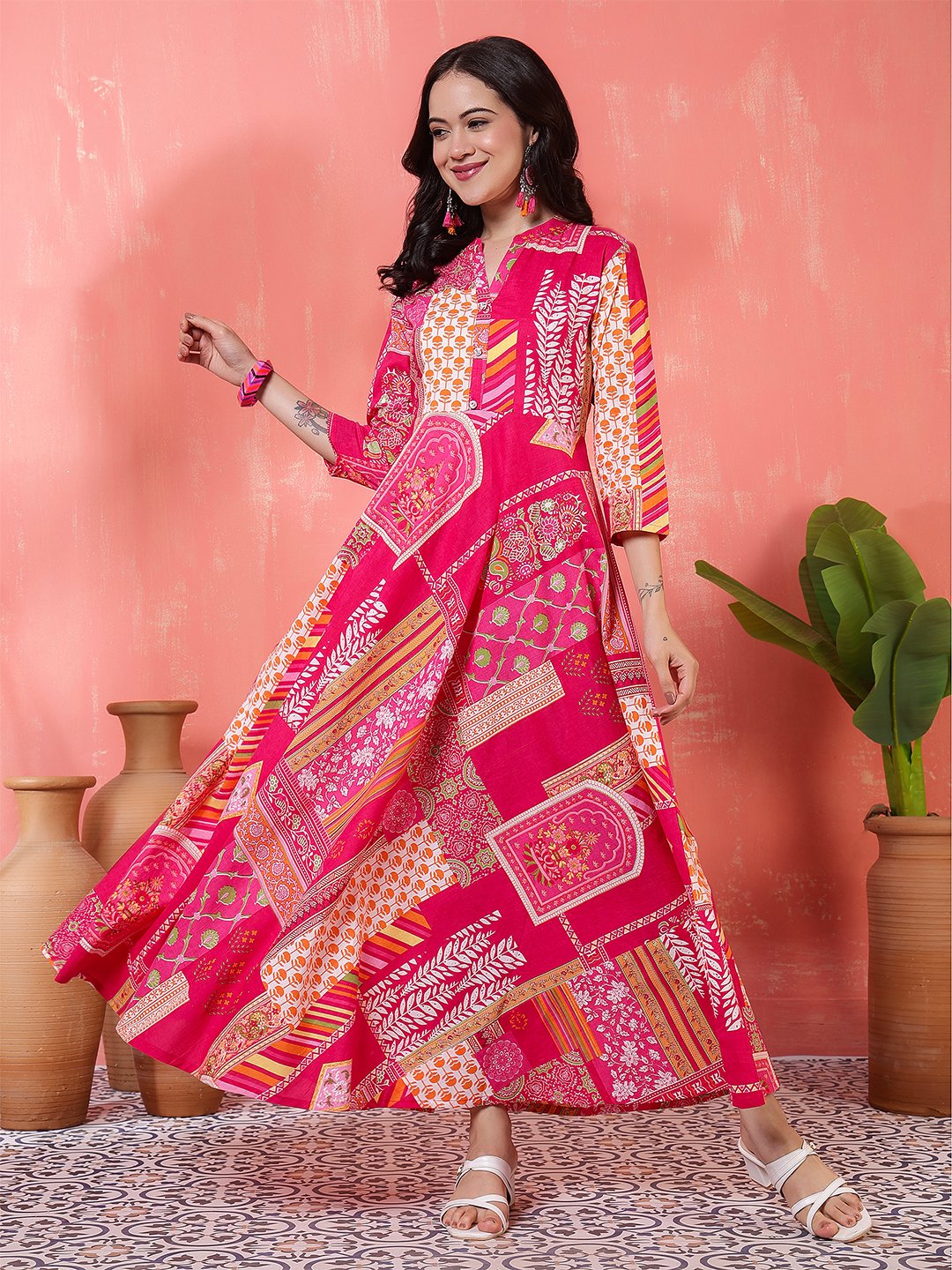 vibrant fuchsia pink and orange geometric patchwork print maxi dress
