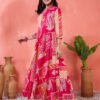 vibrant fuchsia pink and orange geometric patchwork print maxi dress