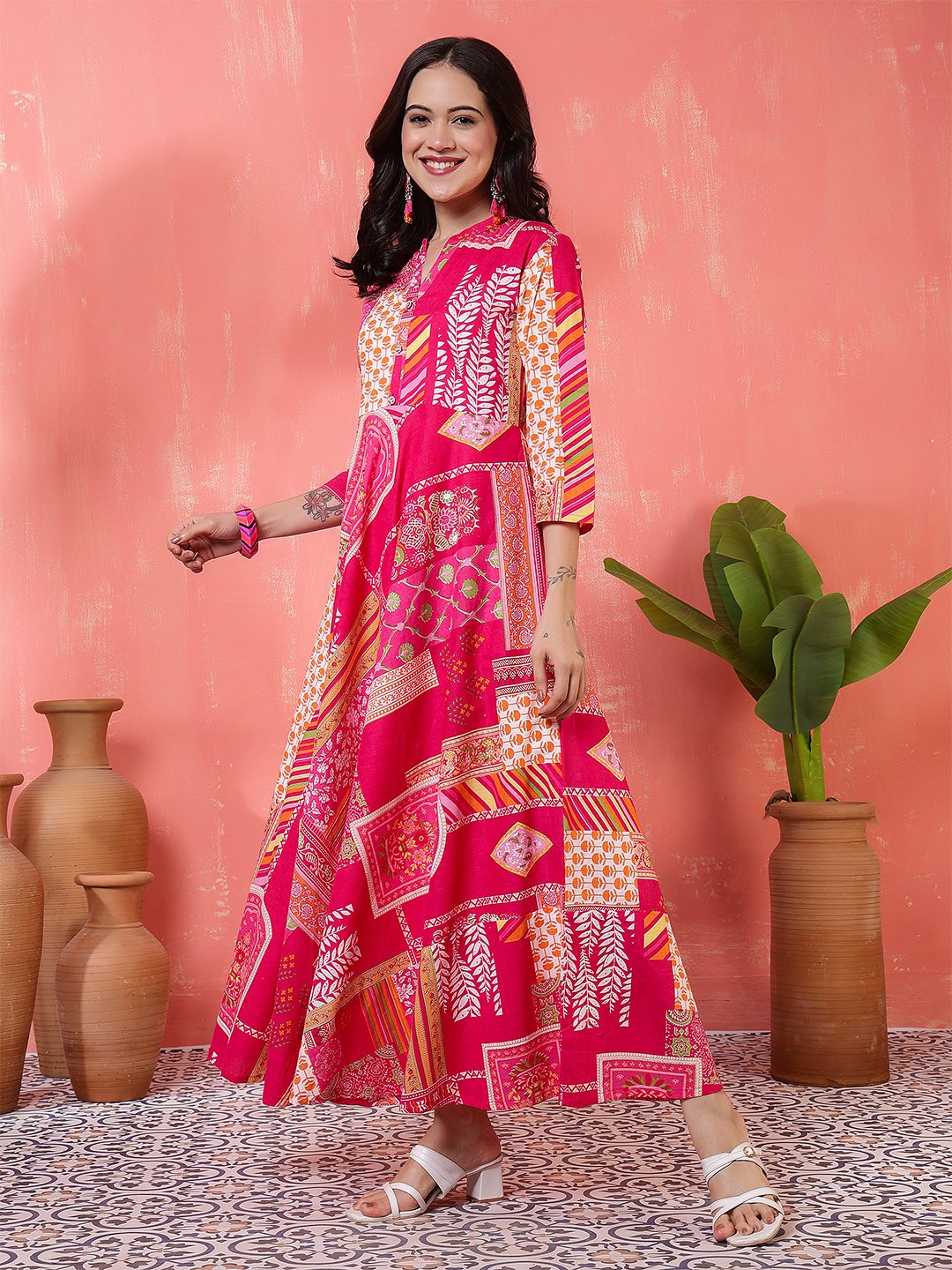 vibrant fuchsia pink and orange geometric patchwork print maxi dress