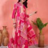 vibrant fuchsia pink and orange geometric patchwork print maxi dress