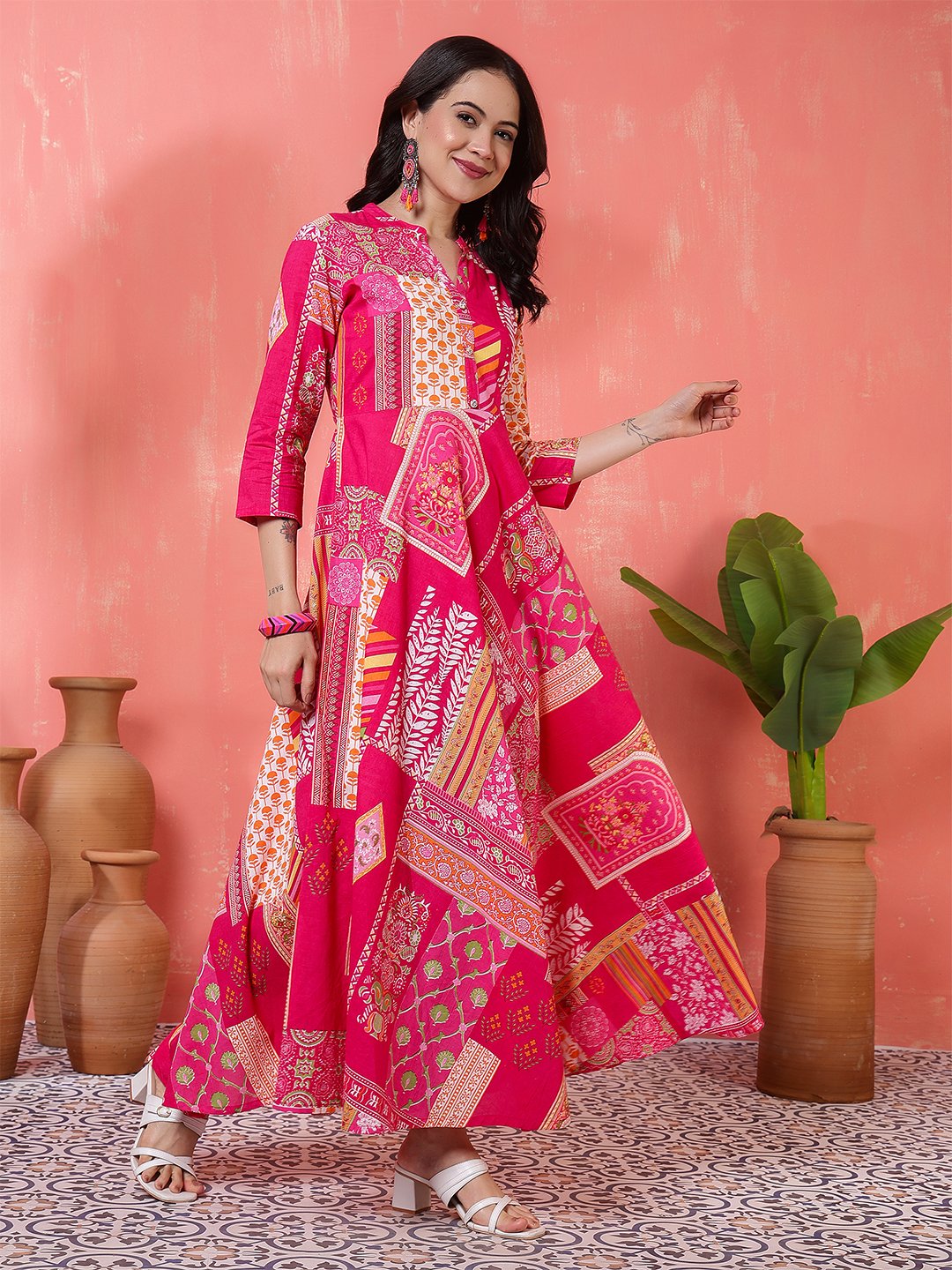 vibrant fuchsia pink and orange geometric patchwork print maxi dress