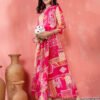 vibrant fuchsia pink and orange geometric patchwork print maxi dress