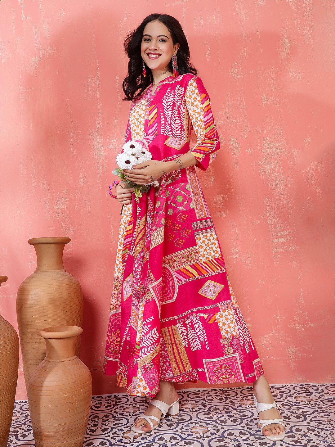 vibrant fuchsia pink and orange geometric patchwork print maxi dress