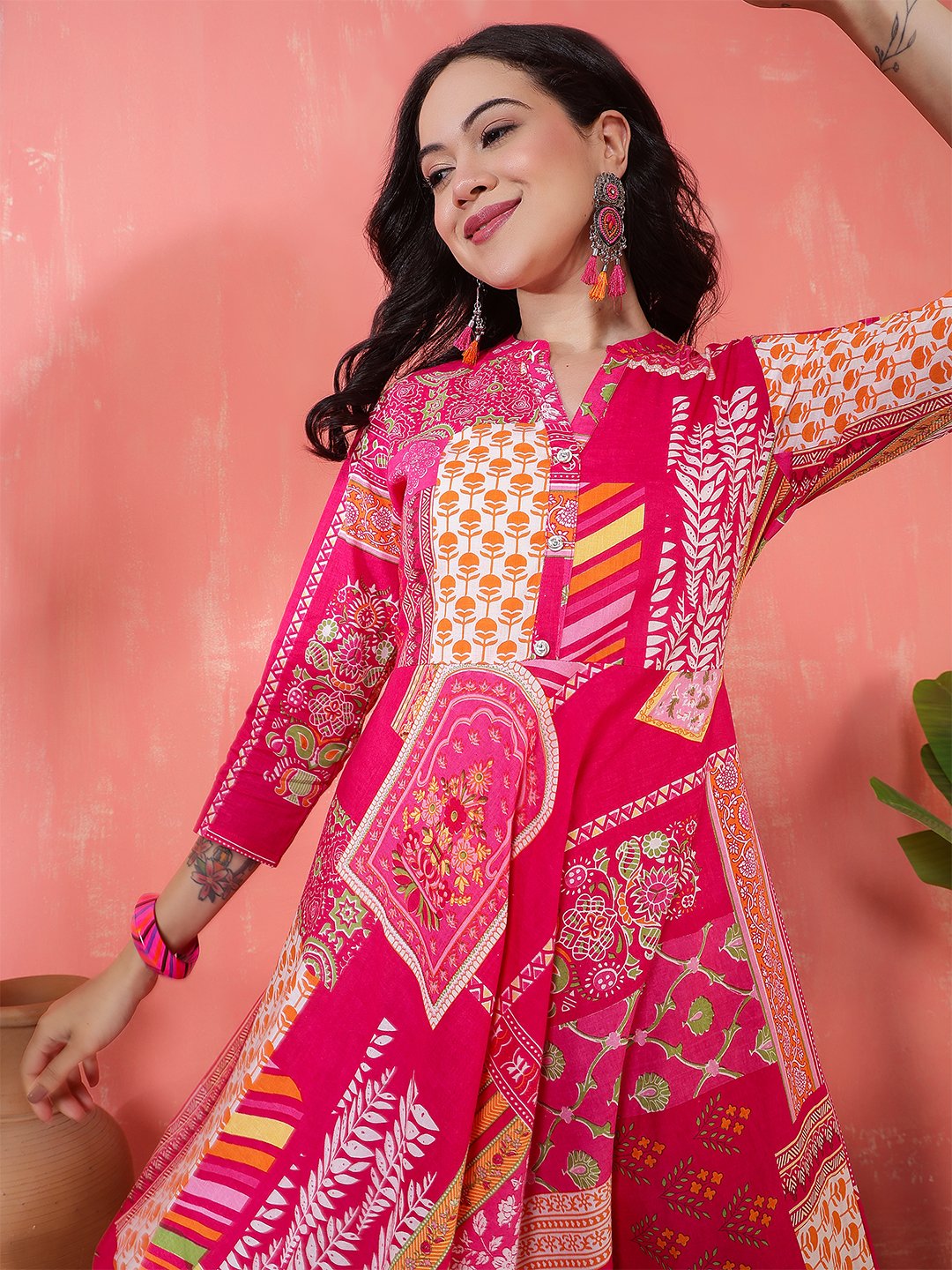vibrant fuchsia pink and orange geometric patchwork print maxi dress