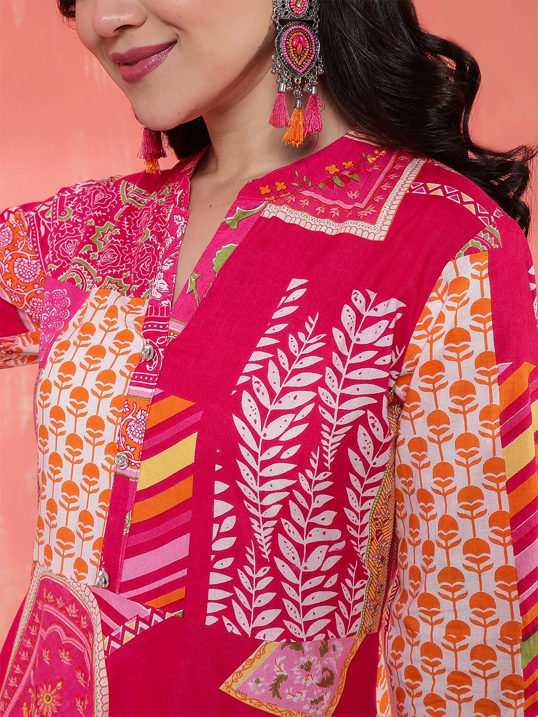 vibrant fuchsia pink and orange geometric patchwork print maxi dress