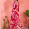 vibrant fuchsia pink and orange geometric patchwork print maxi dress