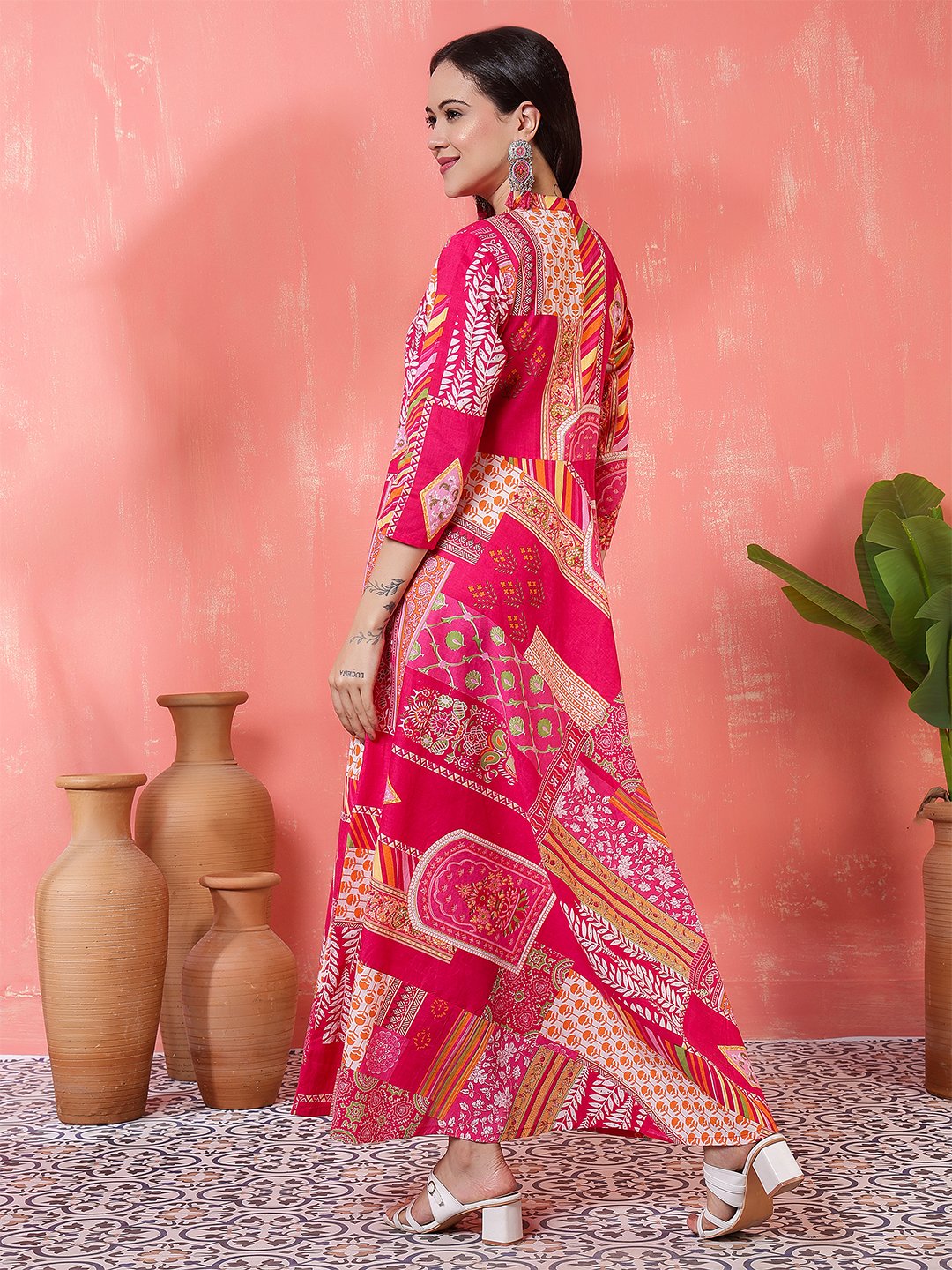 vibrant fuchsia pink and orange geometric patchwork print maxi dress