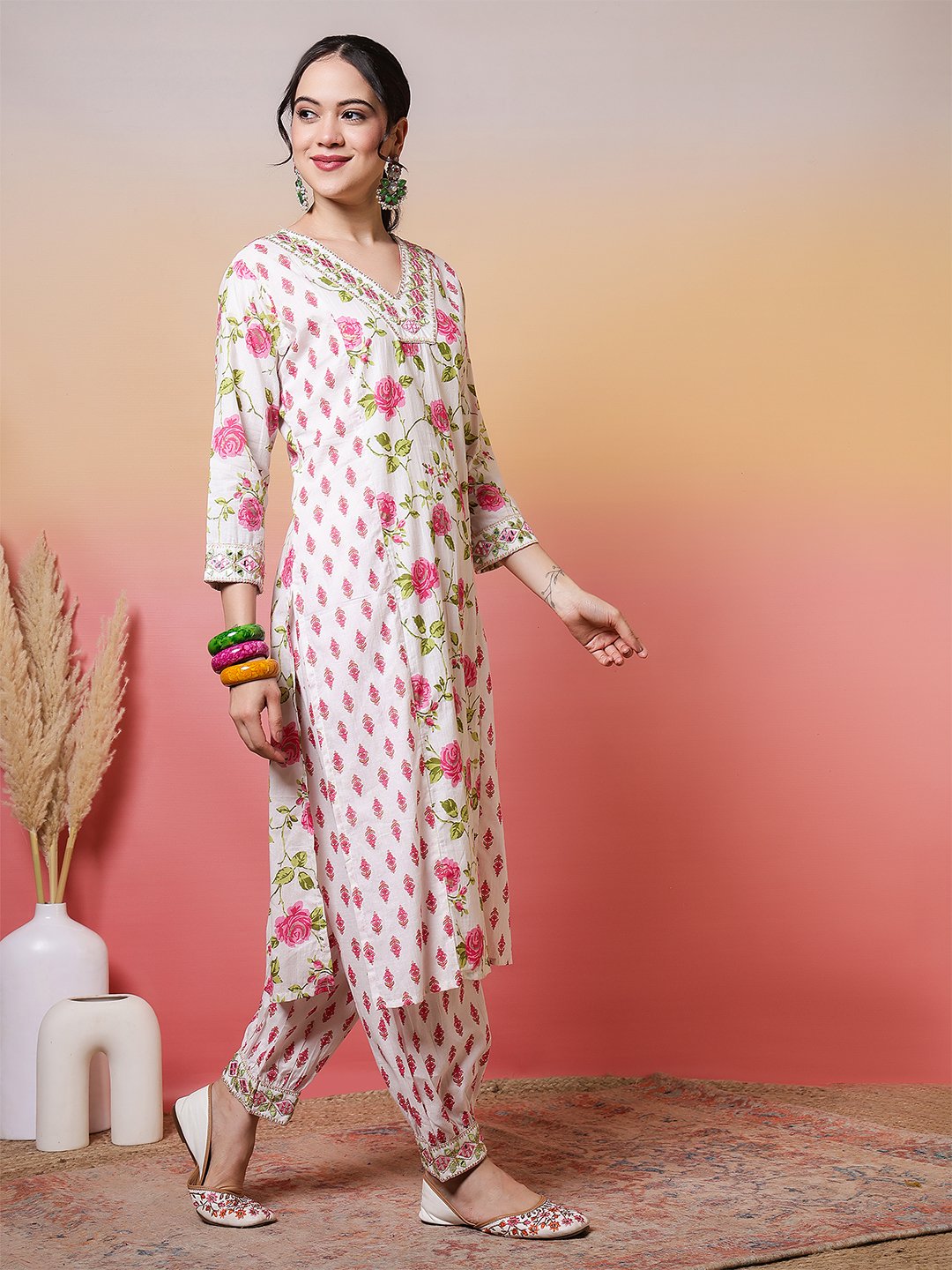 charming white and pink rose floral print salwar suit set