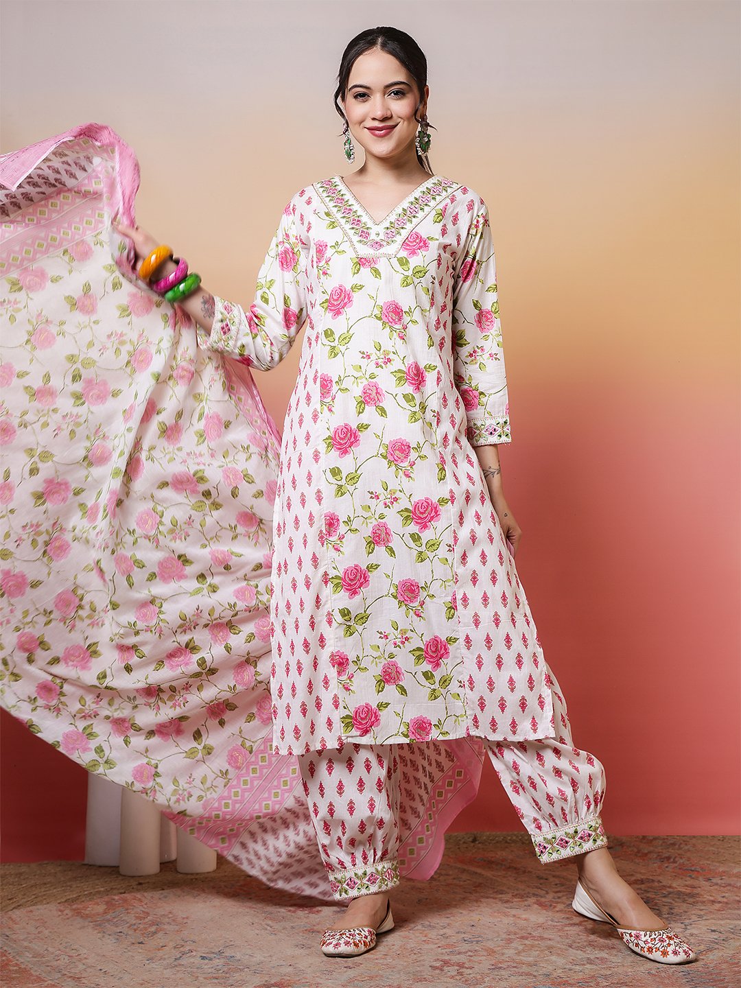charming white and pink rose floral print salwar suit set