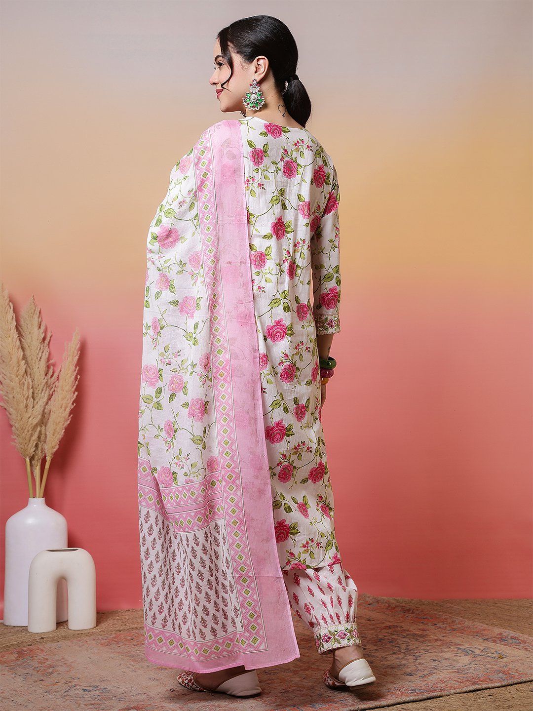 charming white and pink rose floral print salwar suit set