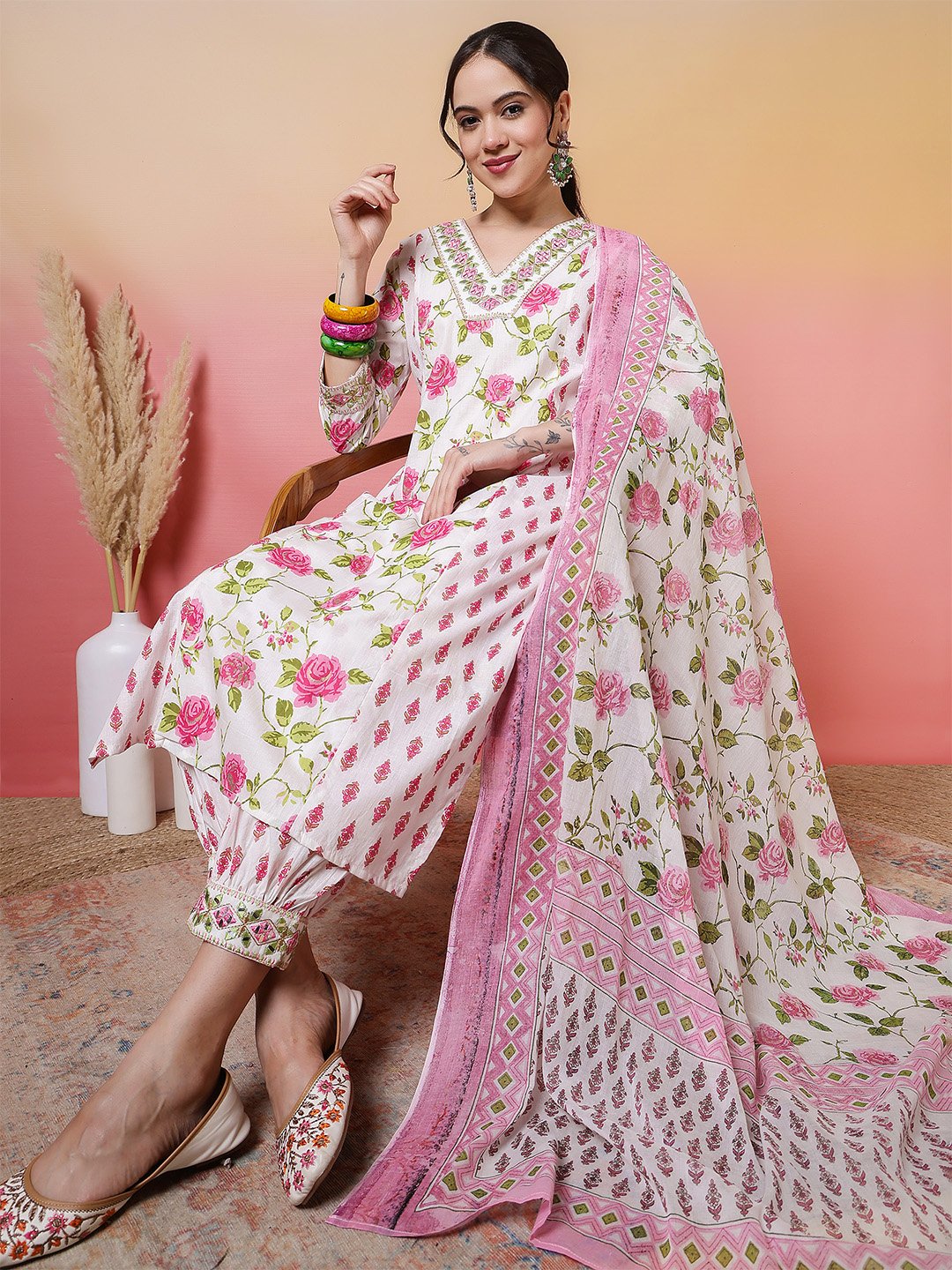 charming white and pink rose floral print salwar suit set