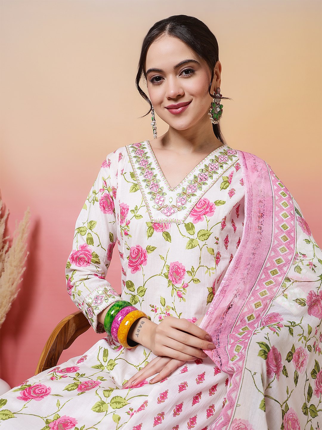 charming white and pink rose floral print salwar suit set