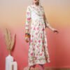 elegant white anarkali suit set with pink rose print and embroidered yoke
