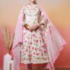 elegant white anarkali suit set with pink rose print and embroidered yoke