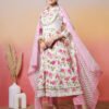 elegant white anarkali suit set with pink rose print and embroidered yoke