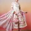 elegant white anarkali suit set with pink rose print and embroidered yoke