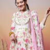 elegant white anarkali suit set with pink rose print and embroidered yoke