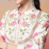 elegant white anarkali suit set with pink rose print and embroidered yoke