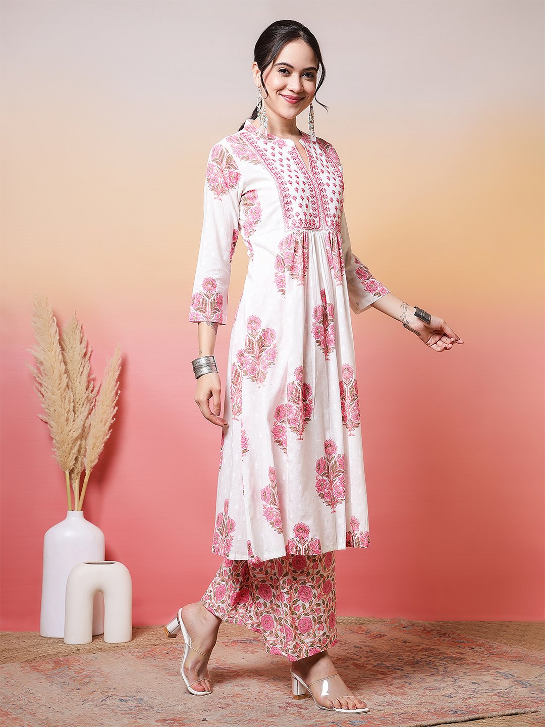 charming white and rose pink floral print straight cut suit set