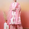 charming white and rose pink floral print straight cut suit set