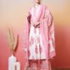 charming white and rose pink floral print straight cut suit set
