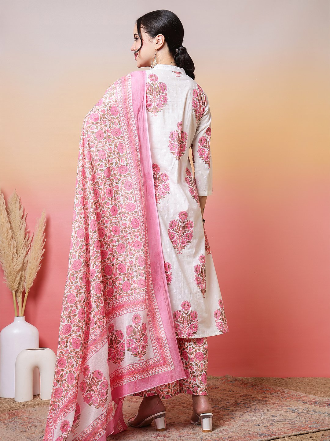 charming white and rose pink floral print straight cut suit set