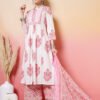 charming white and rose pink floral print straight cut suit set