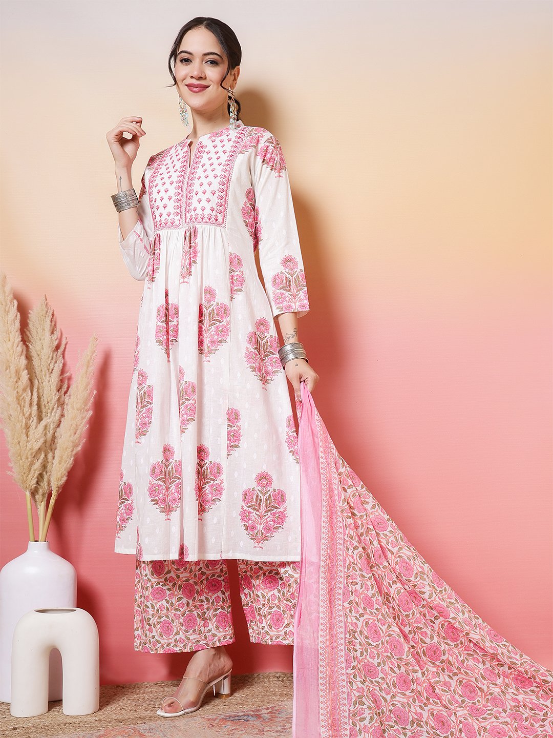 charming white and rose pink floral print straight cut suit set