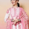 charming white and rose pink floral print straight cut suit set