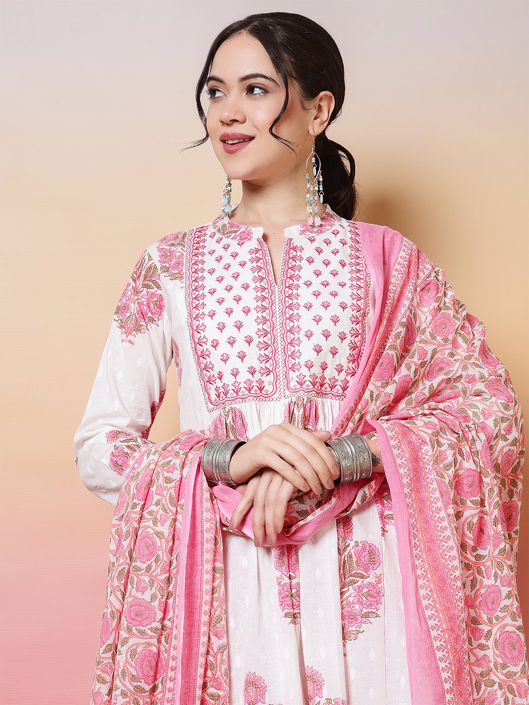 charming white and rose pink floral print straight cut suit set