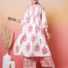 charming white and rose pink floral print straight cut suit set
