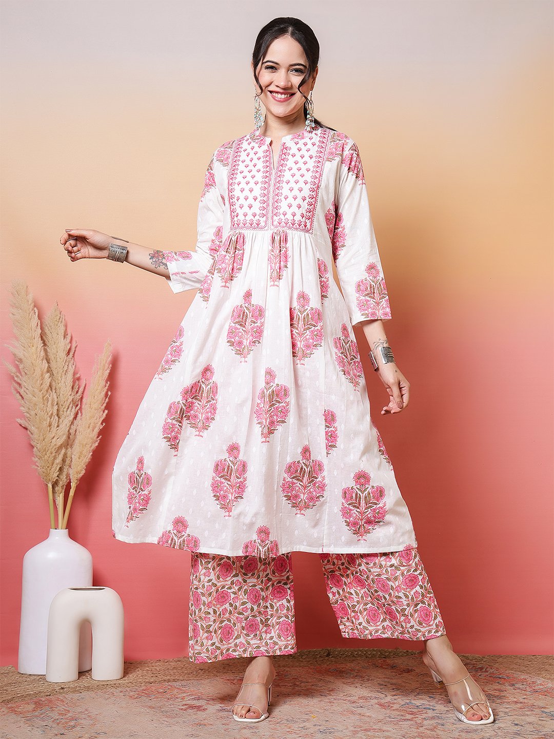 charming white and rose pink floral print straight cut suit set