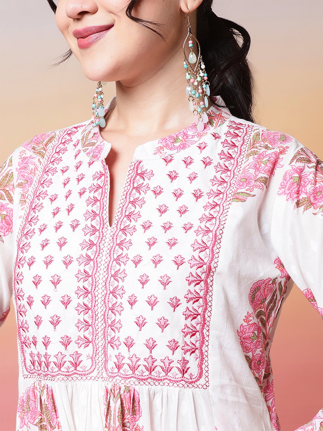 charming white and rose pink floral print straight cut suit set