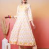 soft white and pastel pink yellow floral block print anarkali suit set