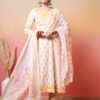 soft white and pastel pink yellow floral block print anarkali suit set