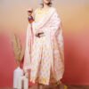soft white and pastel pink yellow floral block print anarkali suit set