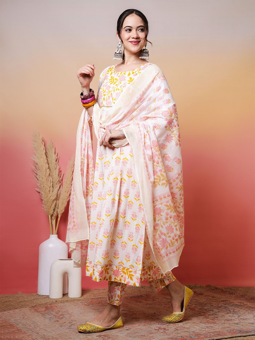 soft white and pastel pink yellow floral block print anarkali suit set